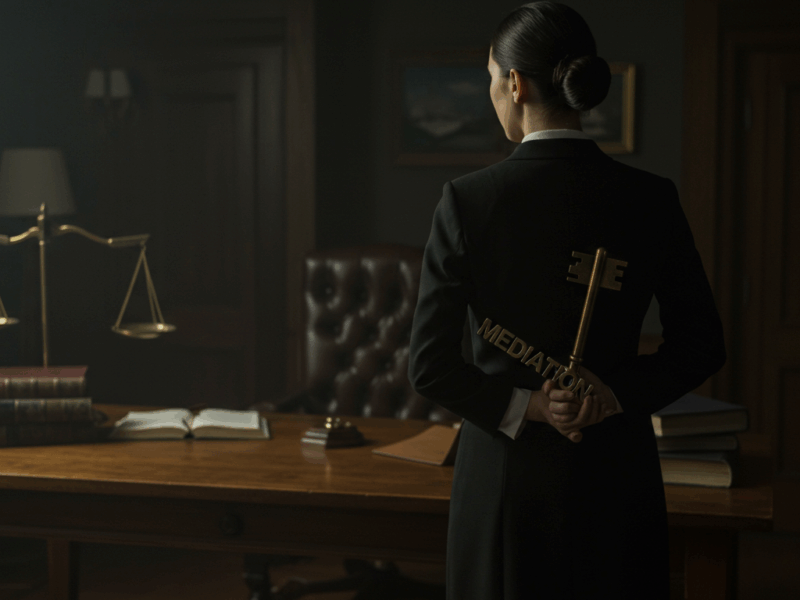 A lawyer concealing a mediation key behind their back