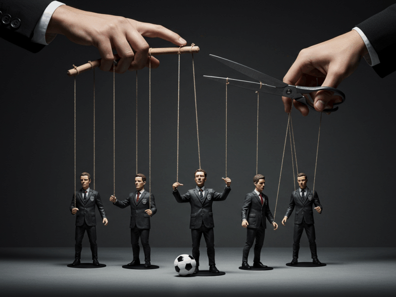 Football agents depicted as marionette puppets controlled by strings, with scissors poised to cut them, illustrating themes of manipulation and potential industry elimination.