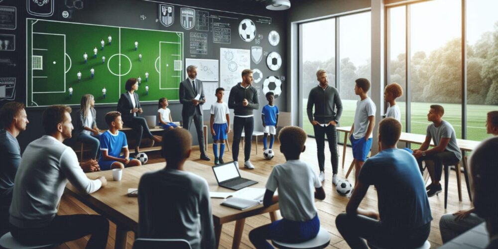 Football academy meeting showing parents, young players and club officials in discussion around a conference table, with visible tension in their body language during what appears to be a difficult conversation about youth player development - Dalle3 Bing Image)
