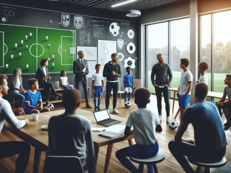 Football academy meeting showing parents, young players and club officials in discussion around a conference table, with visible tension in their body language during what appears to be a difficult conversation about youth player development - Dalle3 Bing Image)