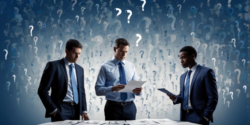 Professional illustration depicting business figures reviewing documents with questioning expressions, representing confusion in regulatory interpretation. - by Leonardo Kino XL