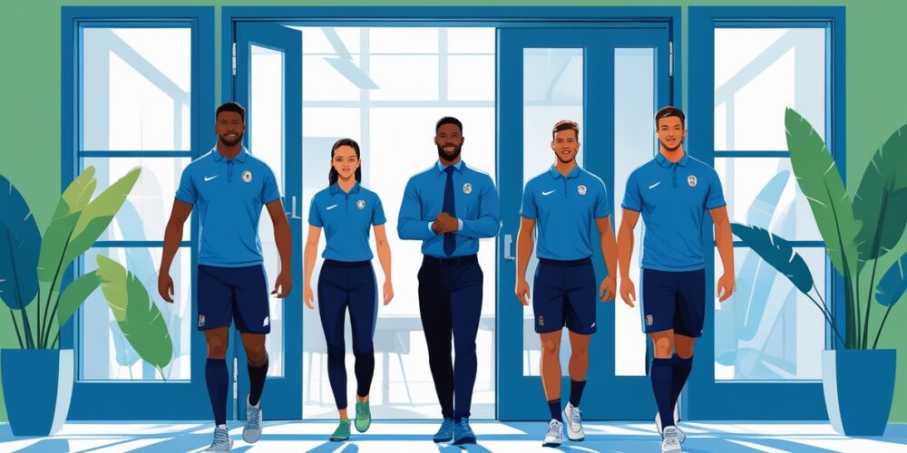 Sports professionals walking through an open doorway into a collaborative meeting space, symbolizing the choice to embrace mediation in sports disputes.