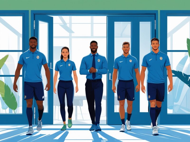 Sports professionals walking through an open doorway into a collaborative meeting space, symbolizing the choice to embrace mediation in sports disputes.