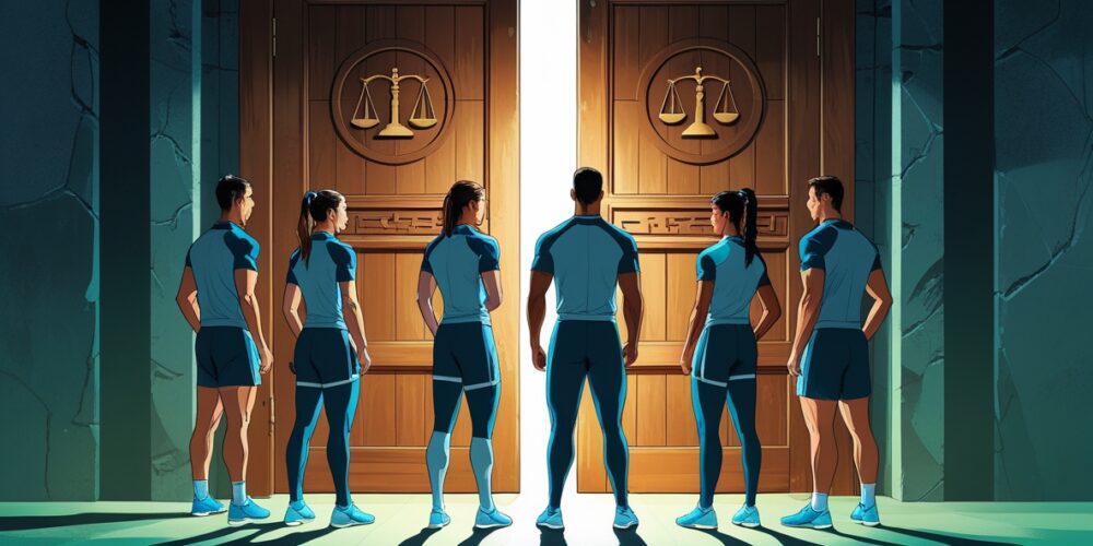 Sports professionals in athletic wear standing before a partially opened door with legal symbols, representing new opportunities in sports dispute resolution.