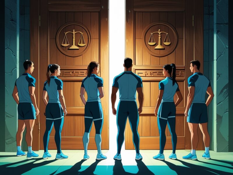 Sports professionals in athletic wear standing before a partially opened door with legal symbols, representing new opportunities in sports dispute resolution.