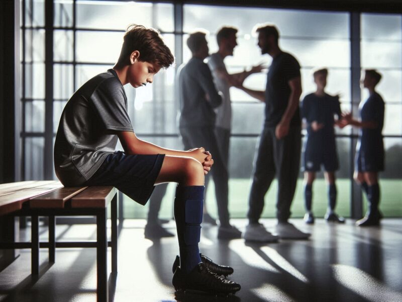 Young football player sitting alone on bench in modern academy facility while blurred adult figures discuss in background, showing the isolation and consequences young players experience during unresolved academy disputes.